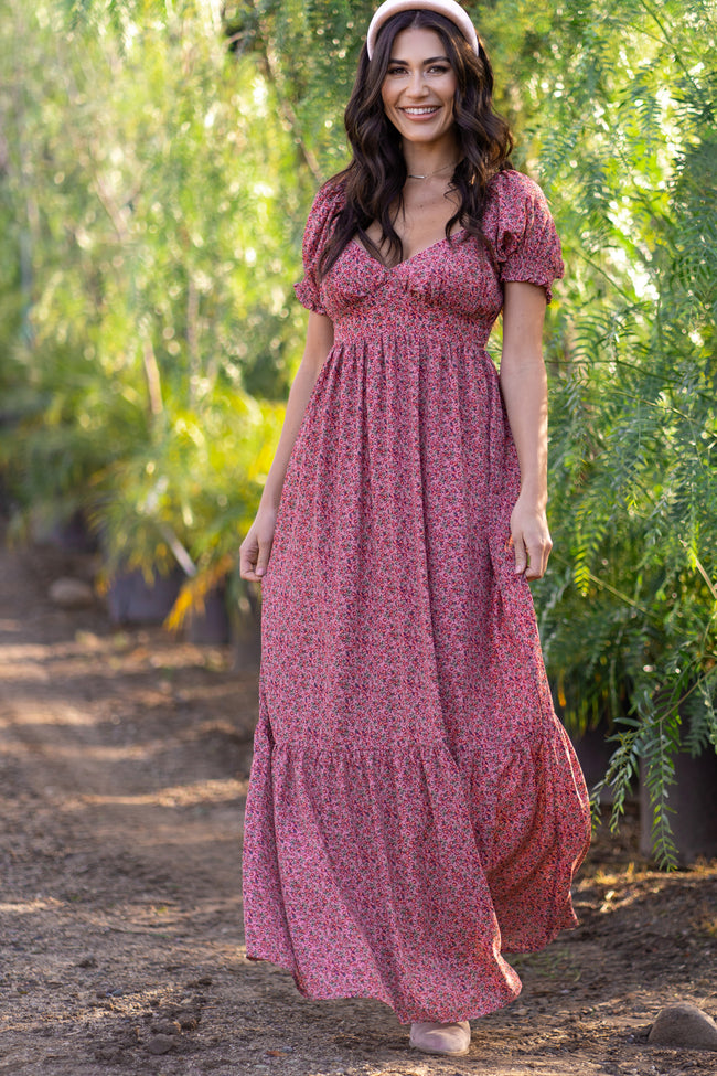 Pink Floral Puff Sleeve Maxi Dress ...